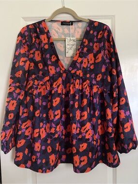 New Floral V-Neck Long Sleeve Blouse in Poppy Red & Purple